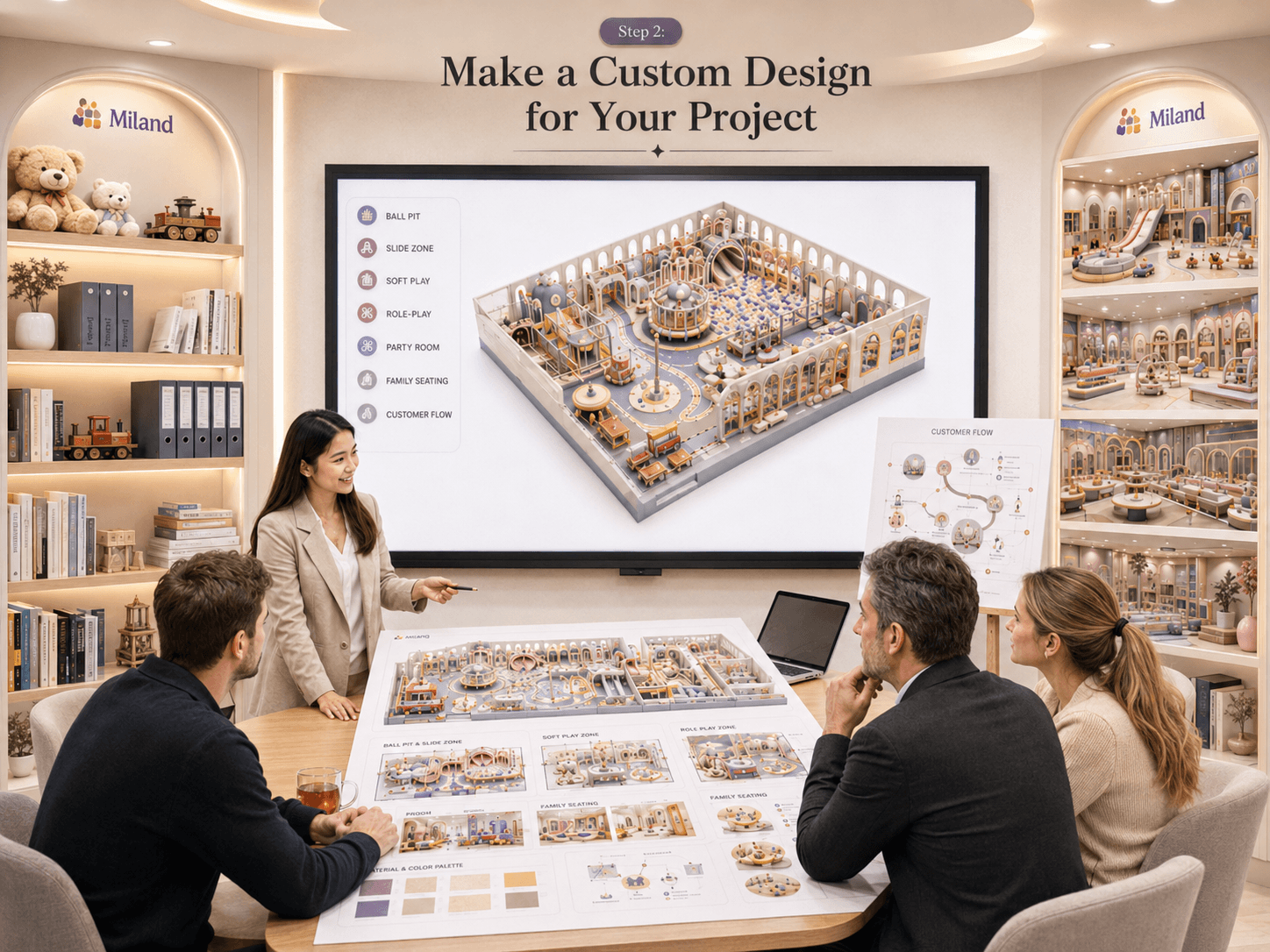 Step 2 custom indoor playground design presentation with Miland play space concept