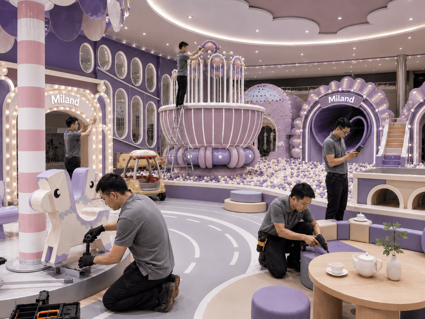 Step 8 installation and testing of themed indoor playground equipment